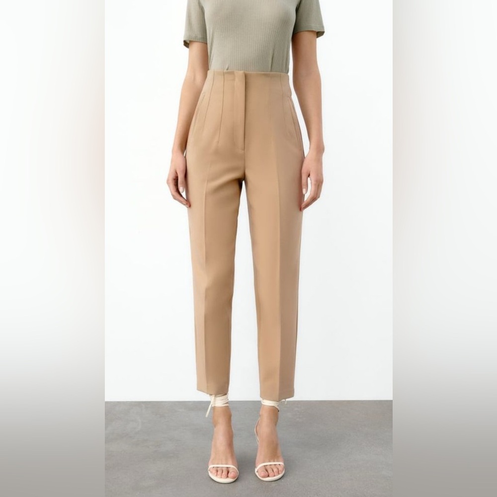 Zara Tan High-Waist Cropped Tapered Pants